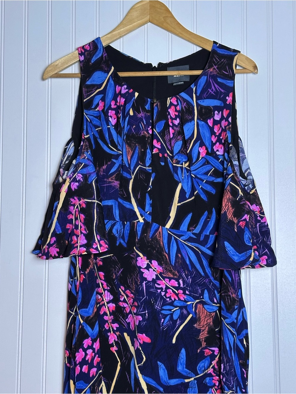 Anthropologie Maeve Elia Cold Shoulder Midi Dress 14 tropical botanical floral - Picture 7 of 13
